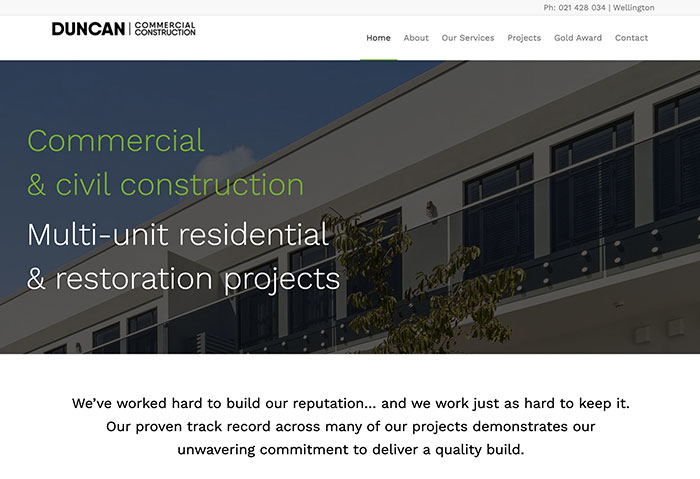 Aztera Marketing of Wellington | Providing website design, WordPress websites, SEO services and Google Ads services to small and medium sized businesses. Showing Duncan Commercial Construction, trades website (tradies website), built on WordPress. Based in Wellington.