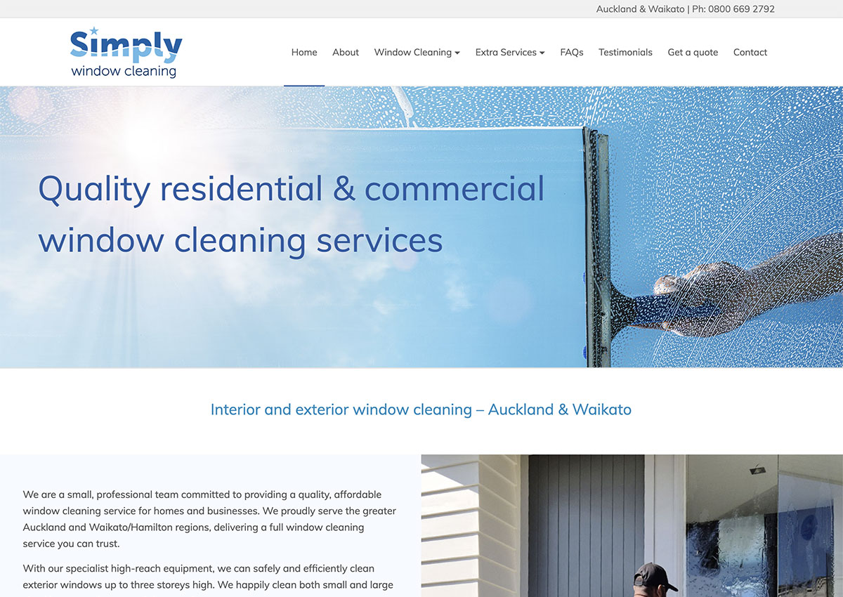 Aztera Marketing of Wellington | Providing full website design and build services, small business websites, affordable WordPress websites, SEO services, digital marketing and Google Ads services to small and medium sized businesses. View the Simply Window Cleaning of Auckland website, a small business website built on WordPress. Aztera Marketing is based in Wellington, we service NZ wide.
